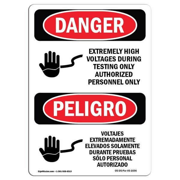 Safety Sign, OSHA Danger, 5" Height, Extremely High Voltages Spanish, 10PK